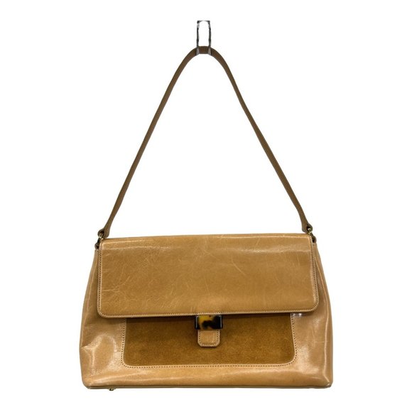 Ann Taylor Womens Satchel Handbag Brown Khaki Tan Leather Flap Over Magnetic M - Picture 1 of 12